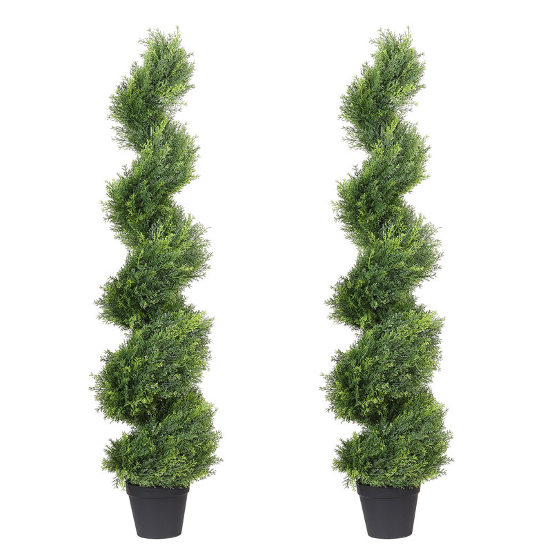 Artificial Potted Spiral Cedar Topiary, Green, 48" H x 11" W