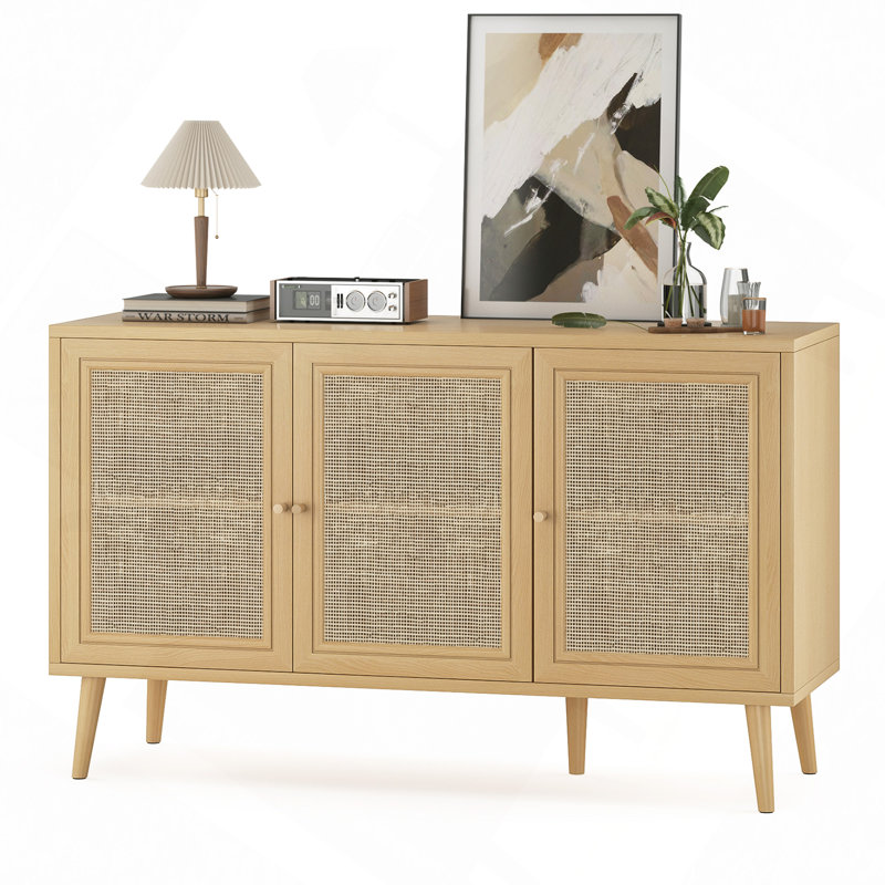 Buffet buffet avec 3 portes en rotin, console de rangement pour le salon (petit), Naturel