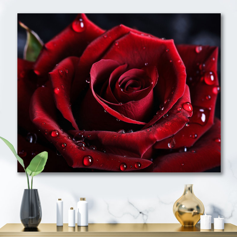 Red Rose with Raindrops I - Floral Framed Wall Art, Wrapped Canvas, 34" H x 44" W x 1.5" D