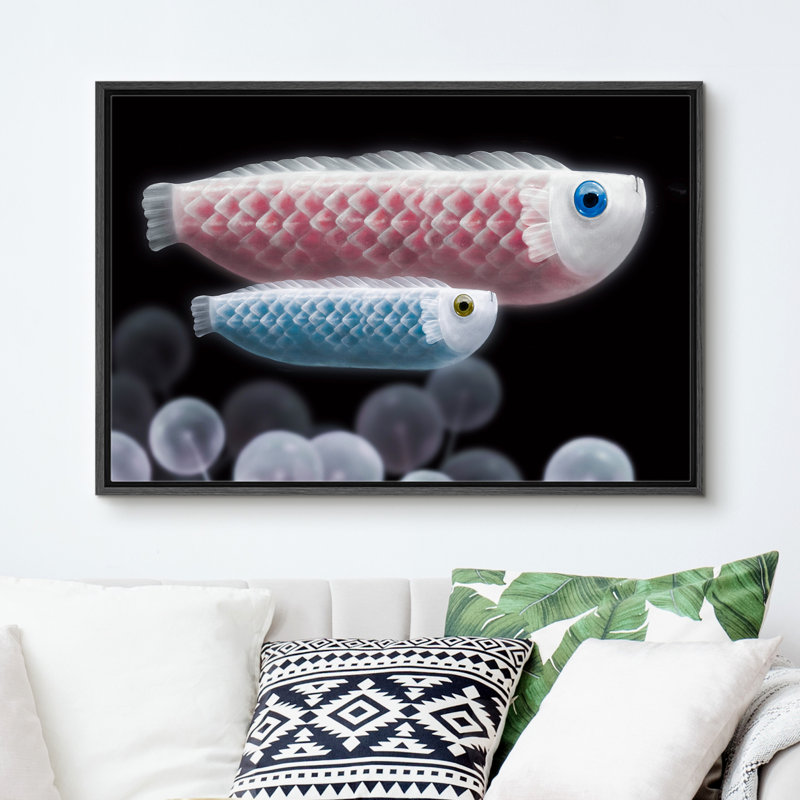 Animaux nautiques, rose, bleu, mignon, poisson, noir, Moody, animaux marins côtiers, Cadre noir, H 16 po x l 24 po