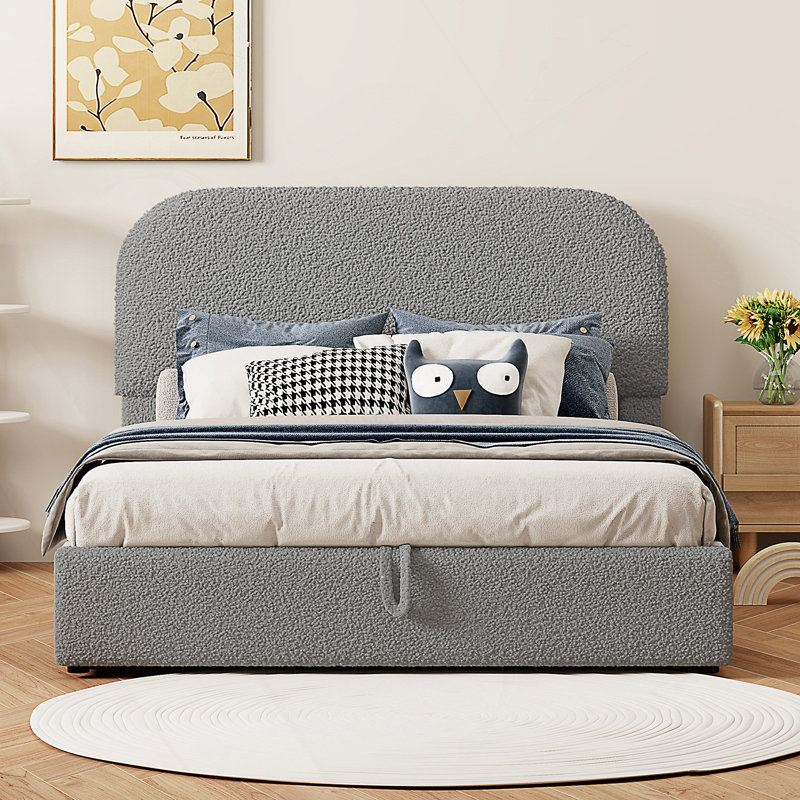 Lit rembourré Teddy avec rangement relevable, gris, Double