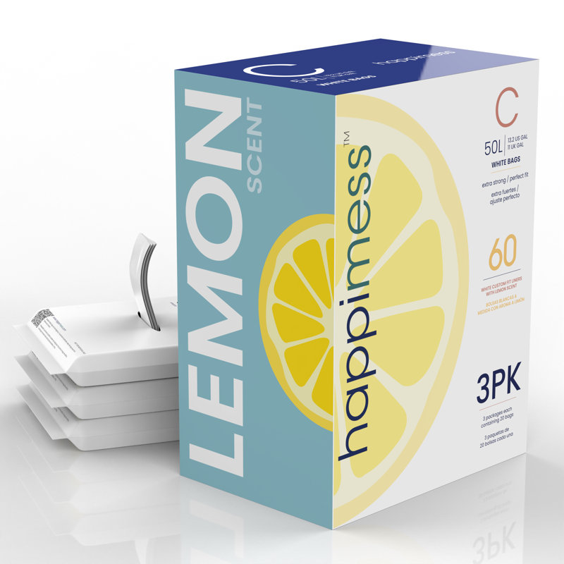 happimess Lemon Scented Drawstring Trash Can Liner 60 Count, 	13.2 Gallons