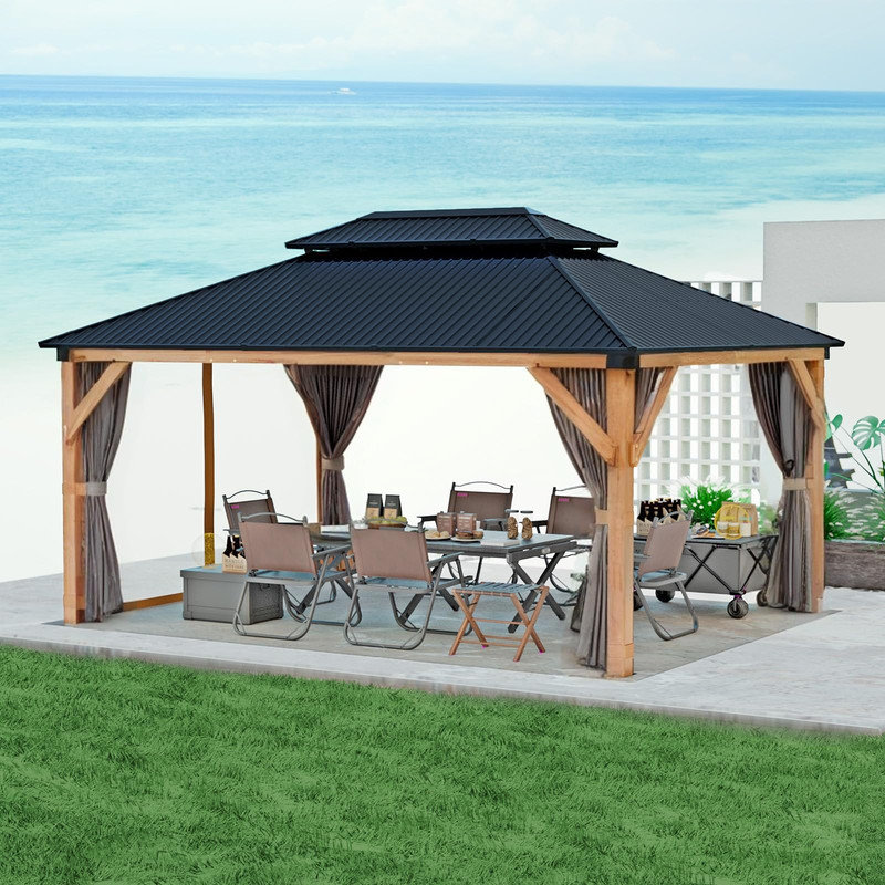 Pavillon de jardin en bois 10 po x 12 po - Toit en métal double, rideaux et filet pour patio, terrasse ou cour arrière