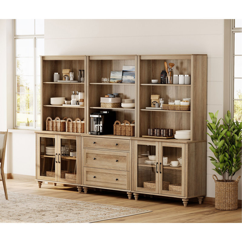 Armoire de cuisine de 72,1 po de hauteur avec 3 tiroirs et 4 portes en verre, chêne