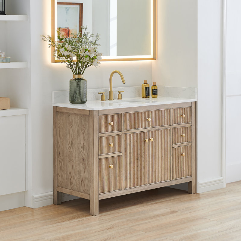 Lala 48" Single Bathroom Vanity with Grain White Engineered Stone Countertop without Mirror, Nature Oak