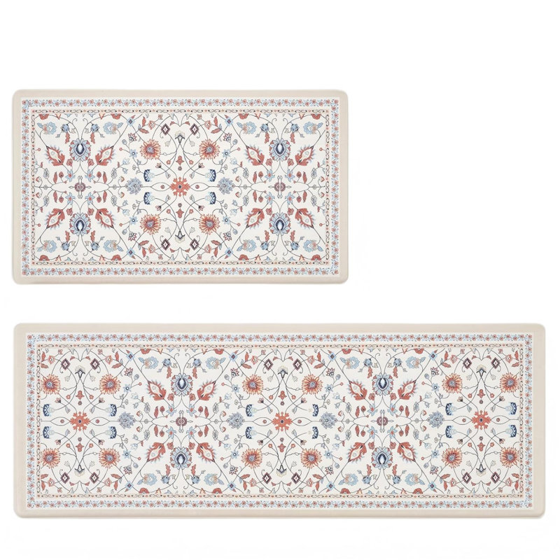 Ensemble de tapis de cuisine anti-fatigue pour plancher 2 pièces, floral - beige