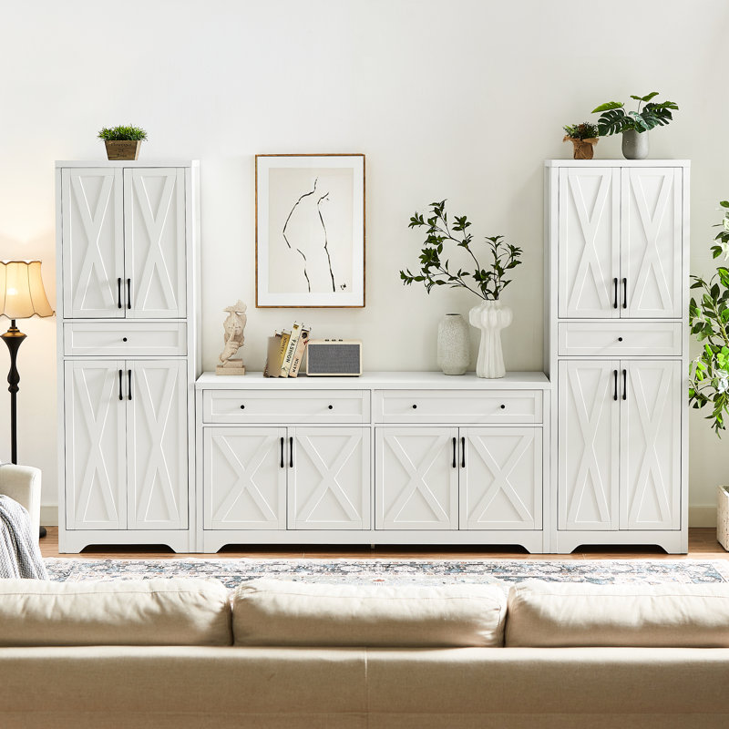 Armoire de télévision multifonctionnelle blanche pour salon - L 108,7 po x l 15 po x H 68 po, avec deux buffets, rangement pratique, style moderne