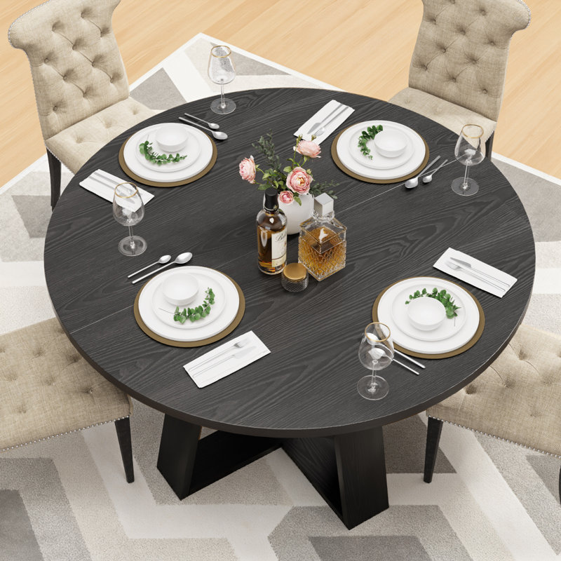 Table de salle à manger de 43 po pour 4 à 6 personnes, table de salle à manger avec tablette de rangement, plateau en grain de bois, pieds en bois robustes, tables de salle à manger peu encombrantes, tables de cuisine circulaires, noir