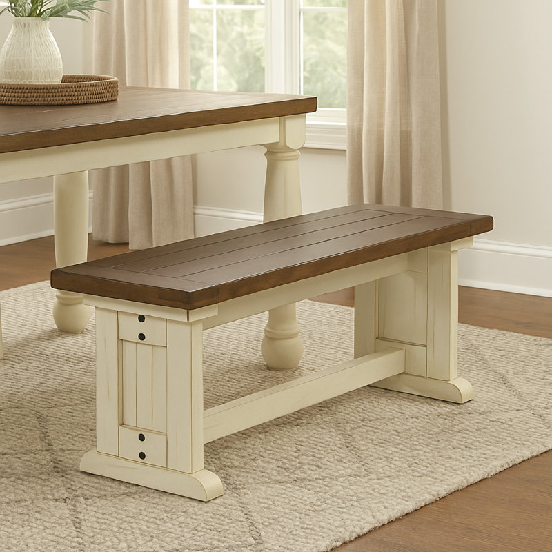 Banc de salle à manger Dean, siège de style planche, blanc cassé et brun, 48 po