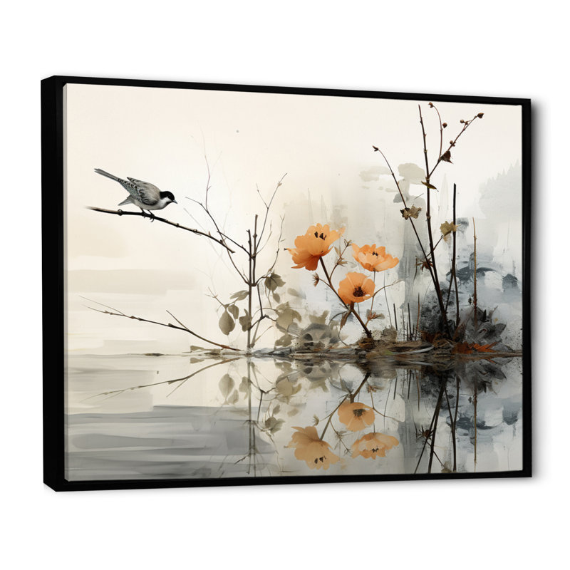«Asian Art Sumi Bird Serenity XVIII», reproduction d'art sur toile, H 34 po x l 44 po x P 1,5 po, Cadre flottant noir