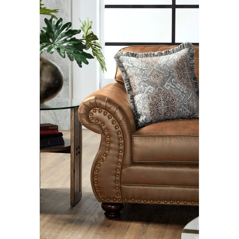 Fabric Loveseat with Antique Bronze Nailheads, Brown