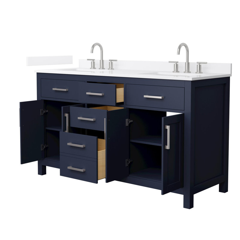 Beckett 60" Freestanding Double Bathroom Vanity with Quartz Top, Brushed Nickel, Dark Blue, White Quartz