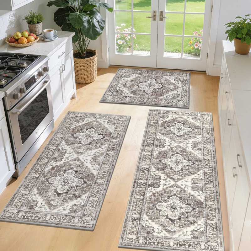 Tapis de cuisine antidérapant lavable (ensemble de 3), Beige