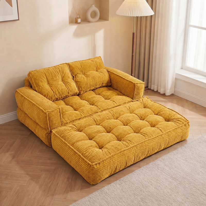 Pouf deux places en velours côtelé sans os de 130 cm, canapé-lit convertible 2 en 1 avec coussins, Orange | 2 places