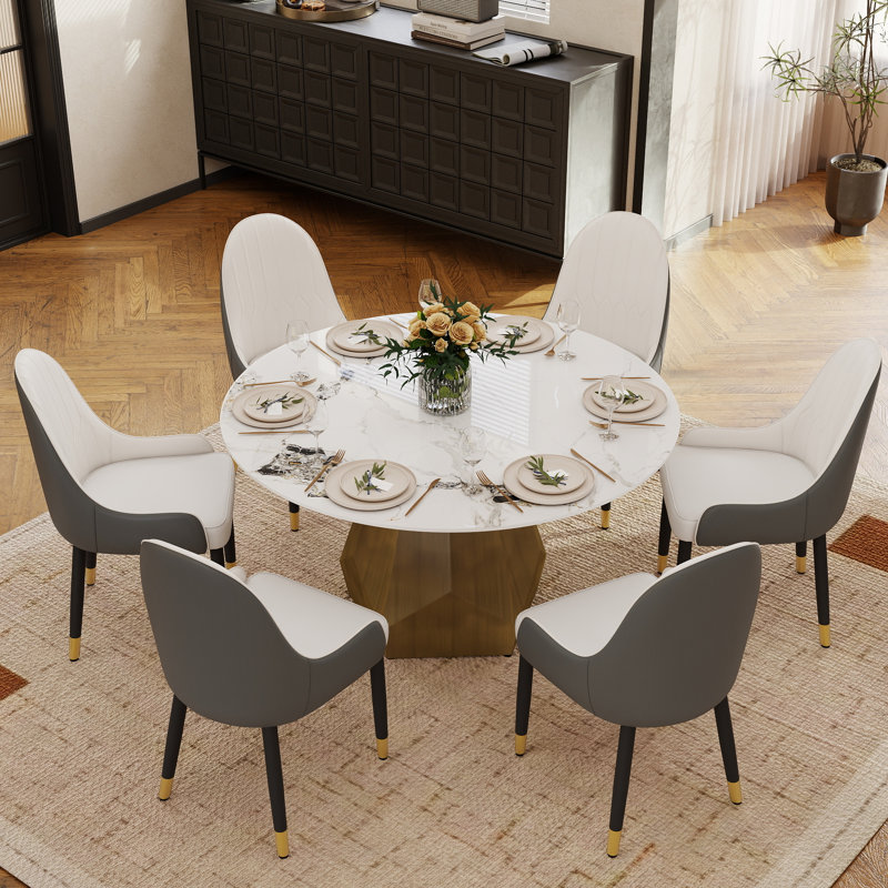 Ensemble de salle à manger moderne 7 pièces en pierre frittée avec base piédestal, H 29,53 po x L 53,15 po x l 53,15 po