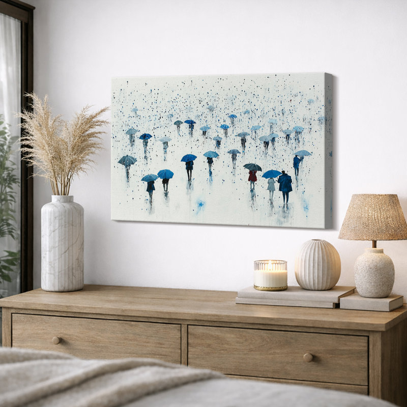 "Blue Umbrella Rain Scene Art", photos de salon, impression sur toile encadrée, H 24 po x l 36 po x P 1,5 po, Toile tendue