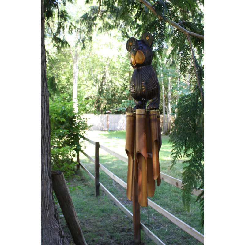 Natural Brown Bamboo Bear Wind Chime with Hand-Carved Tubes