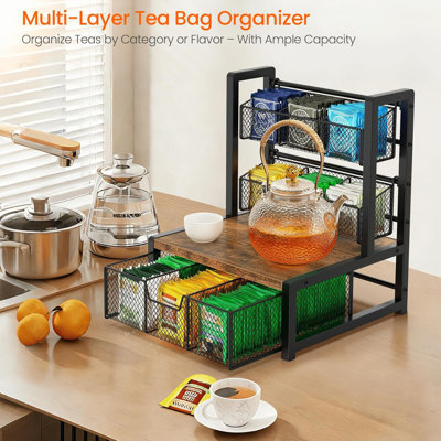 Organisateur de sachets de thé de comptoir, support de rangement en fil métallique à 3 niveaux avec tiroirs en maille et surface en bois, porte-sachets de thé à fentes multiples, panier peu encombrant pour comptoir, station de café et rangement domestique