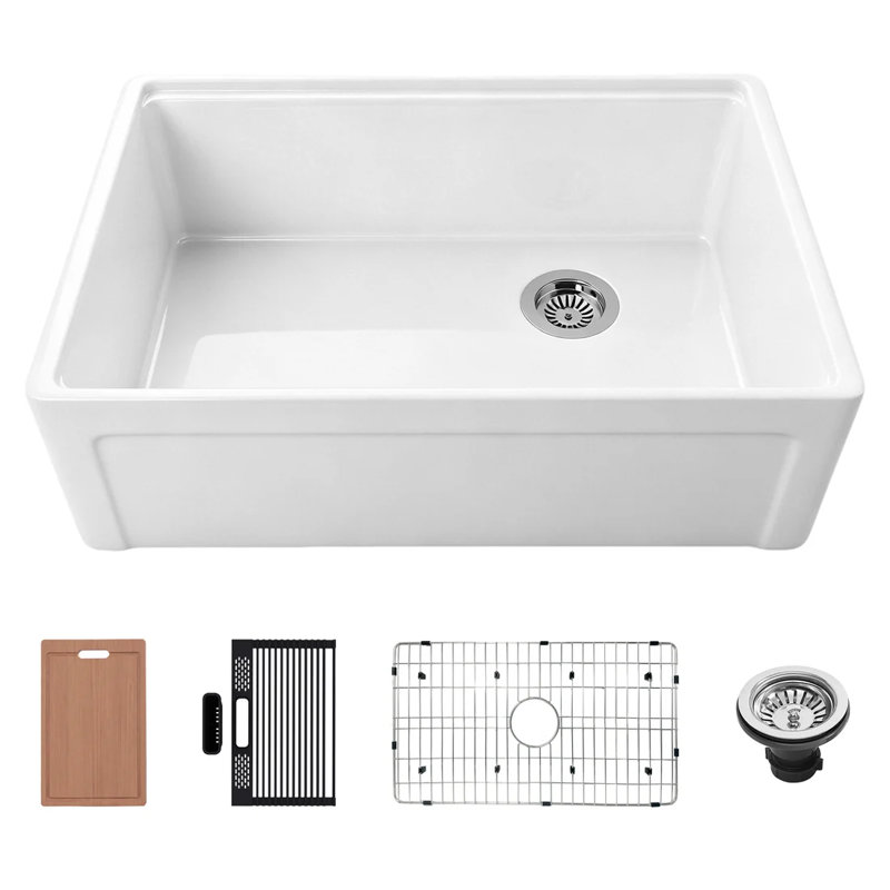 Évier de cuisine de ferme en argile réfractaire 30 po x l 20 po à tablier frontal réversible avec planche à découper, blanc