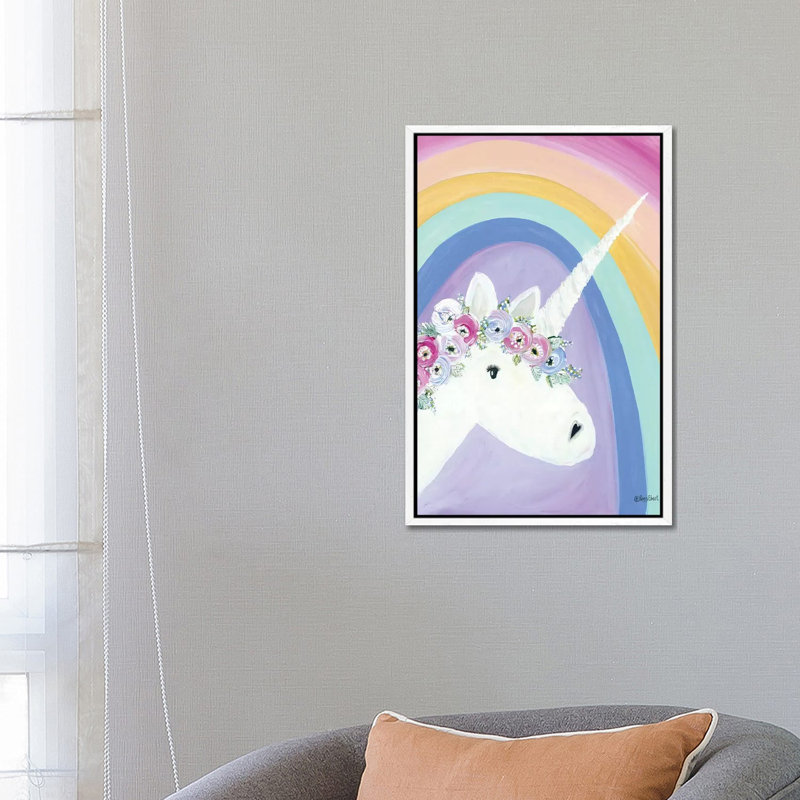 Floral Unicorn I by Roey Ebert - Painting on Canvas, 66.04cm H x 45.72cm W x 3.81cm D, White Framed