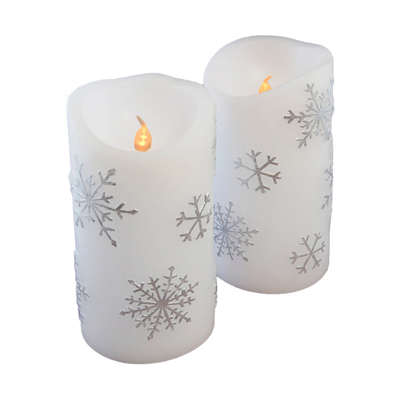 Set of 2 White Snowflake Wax LED Candles