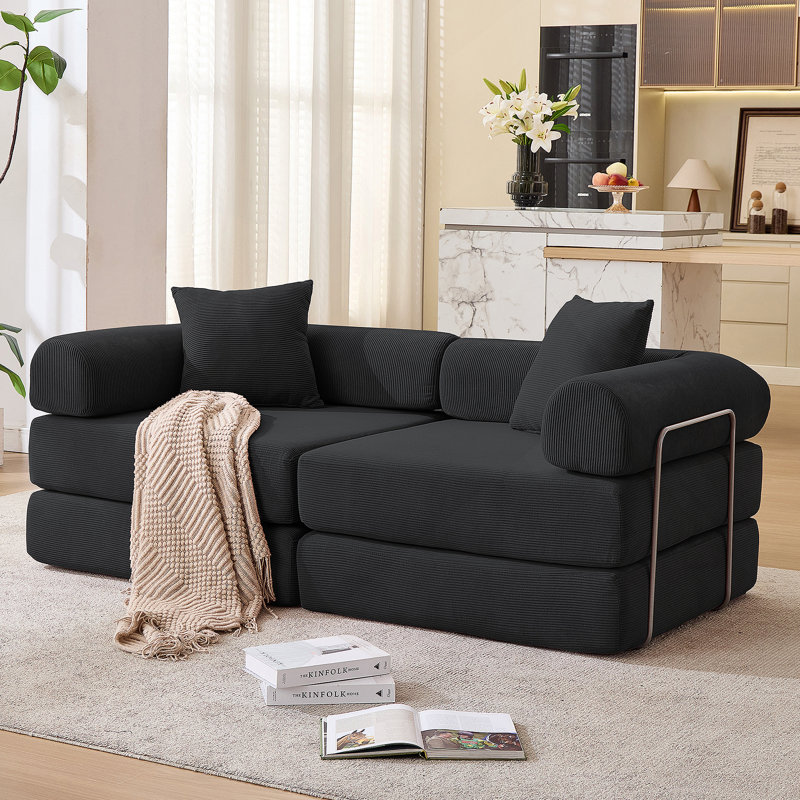 Canapé-lit modulaire convertible pour petits espaces, aucun assemblage requis, tissu en velours côtelé avec accoudoirs amovibles et structure de forme fixe