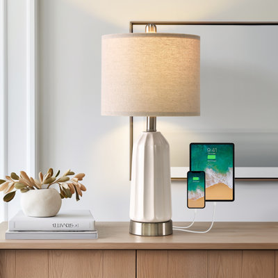 20"white Ceramic Lamp With Charging Port Suitable For Living Room,bedroom,desk,office