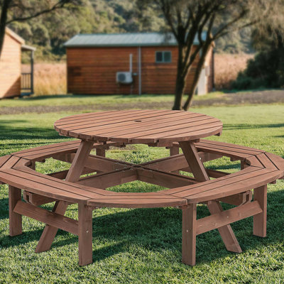 10-12-person Round Outdoor Wooden Picnic Table for Patio, Backyard, Garden, DIY with 1 Built-in Ring Stool, 500-lb Weight Capacity - Walnut Brown