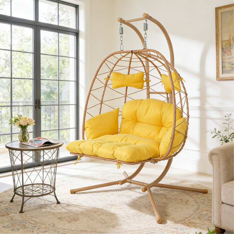 Fauteuil œuf suspendu pour 2 personnes avec support, balancelle double en osier d'extérieur avec repose-pieds réglable et coussins épaissis