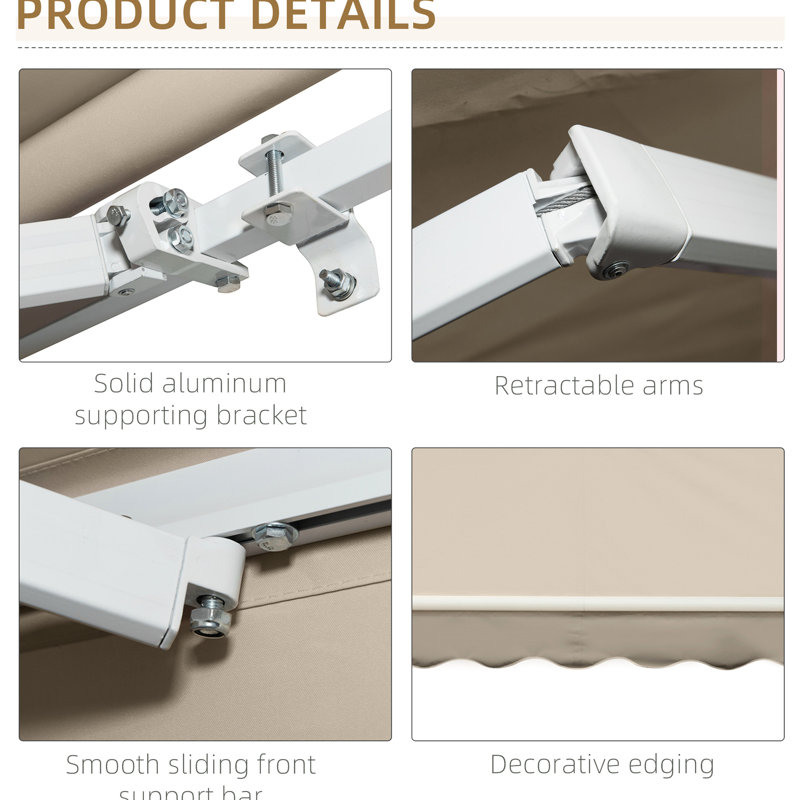 13' X 8' Beige Retractable Awning. & Water-, Aluminum. Manual Crank For Sunshade And Heat Reduction On Patio, Deck, Balcony, Yard Balcony Aluminum Frame, Cover
