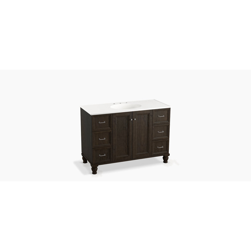 Base de meuble-lavabo 48,75 po Damask seulement avec pieds de meuble, 2 portes et 6 tiroirs, tiroirs à plateau divisé