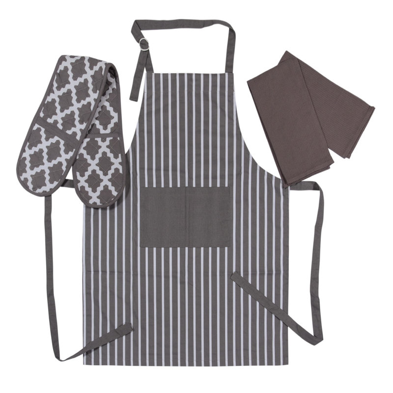 Brambly Cottage Hoppe Striped 100% Cotton Potholder & Oven Mitt Set, Grey