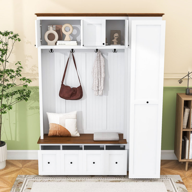 Multi-Functional Hall Tree with Cabinets, Storage Bench, Drawers and Hooks, White