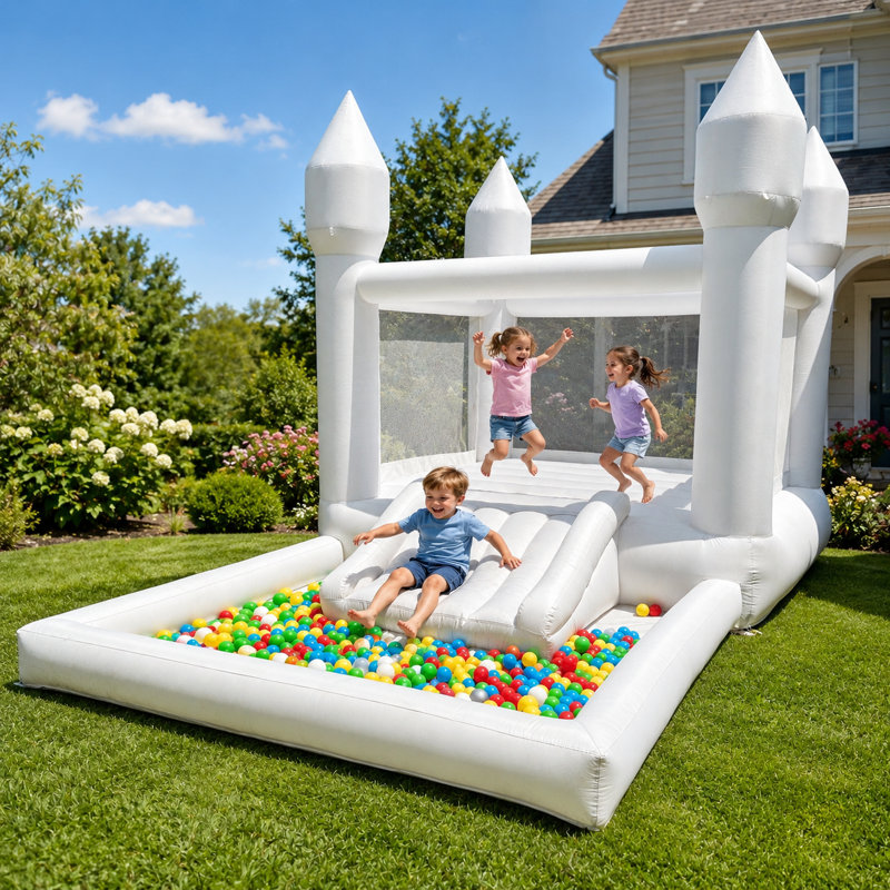 Château gonflable blanc de 13 pi avec toboggan et fosse à balles, château gonflable pour enfants avec ventilateur en tissu Oxford pour les fêtes d'anniversaire, la cour et les jeux d'intérieur