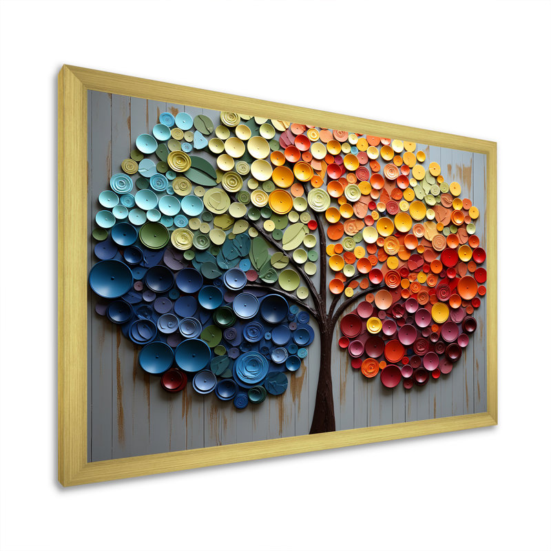 Colourful Rainbow Tree Of 4 Seasons - Tree Canvas Wall Art, 12" H x 20" W x 1" D, Gold Closed Corner Framed
