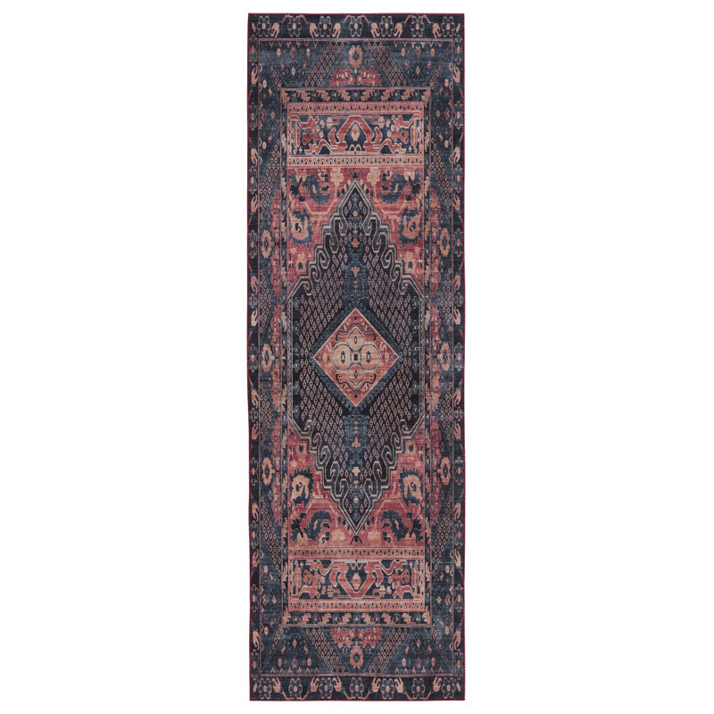 Tapis bleu foncé / rose lavable à la machine Issa, Tapis de couloir 2 pi 6 po x 8 pi
