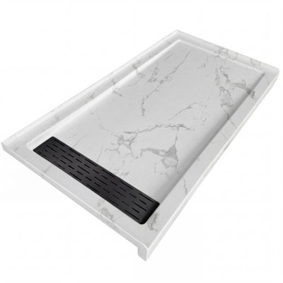 Base de douche rectangulaire l 60 po x P 32 po, plateau de douche en acrylique d'aspect marbre avec texture antidérapante