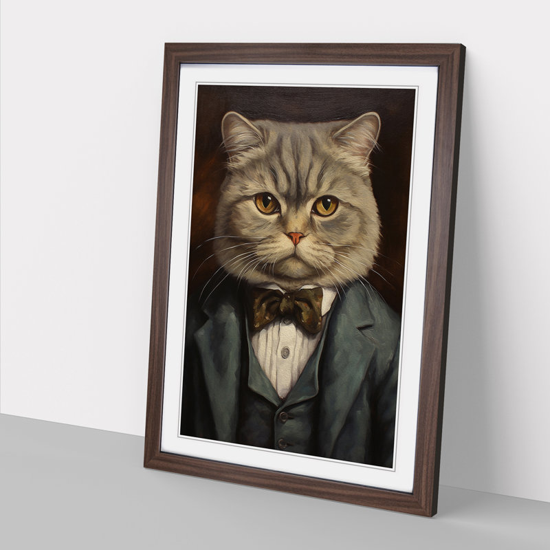 Cat in a Suit Painting No.5 1 Piece Single Picture Frame Wall Art, 46cm H x 34cm W x 2cm D, Walnut Framed