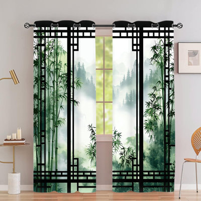 2Pcs Grommet Blackout Curtains, Bamboo Forest Landscape Printed Polyester Drapes, Thermal Insulated Heat Blocking, Noise Reducing & Privacy Protection, Room Darkening for Bedroom Living Kitchen Indoor Home Decor