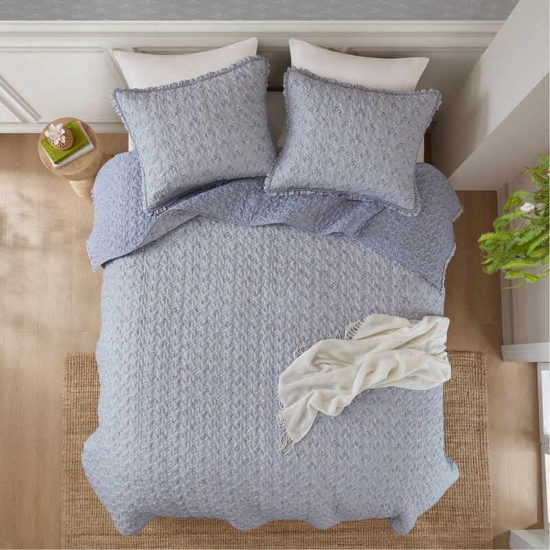Ensemble de courtepointe 3 pièces à imprimé volants pour grand lit 3 pièces, bleu, Bleu