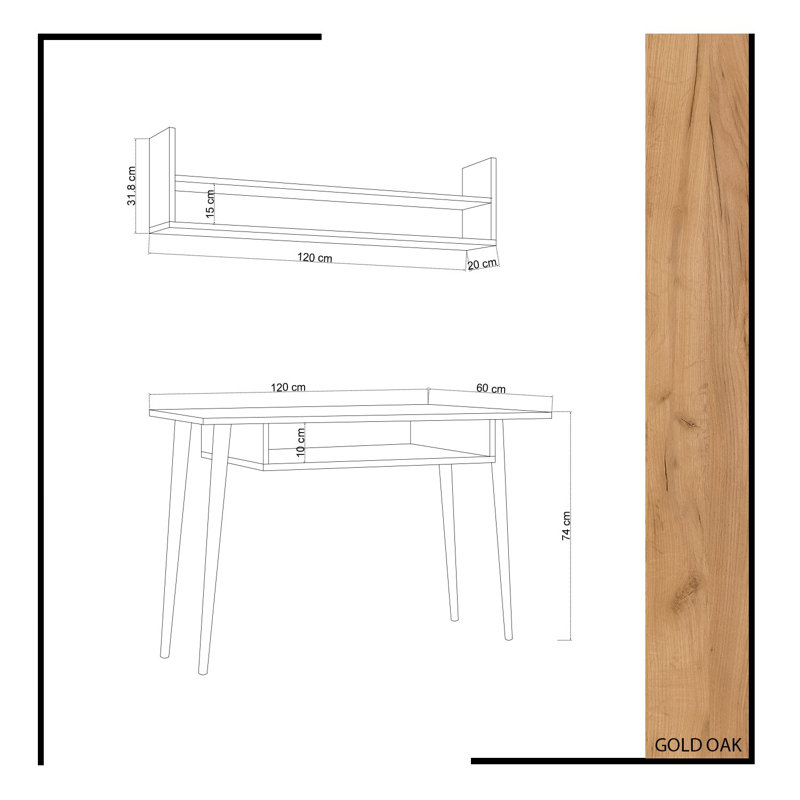 Modern Study Desk with Wall Shelf, Oak Color, 47.2 x 29.1 x 23.6 inches | 100% Melamine Coated Particle Board, Thickness: 0.7 inches | Scandinavian Design, Includes Under Desk Shelf (3.9 in Height) for Optimal Organization