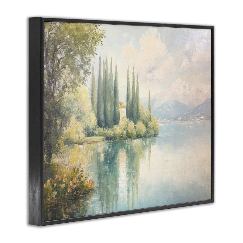 «Lakeside Mansion View», estampe numérique par Petal Prints Design, H 11 po x l 14 po, Giclée encadrée noir minuit