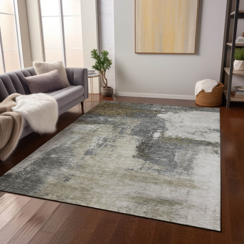 Red Abstract Washable Synthetic Rectangular Rug 3' x 5'