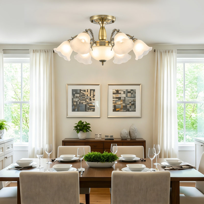 6+2 Lights Dimmable  Chandelier With Flower Frosted Glass Shade, Bronze Brushed Nickel