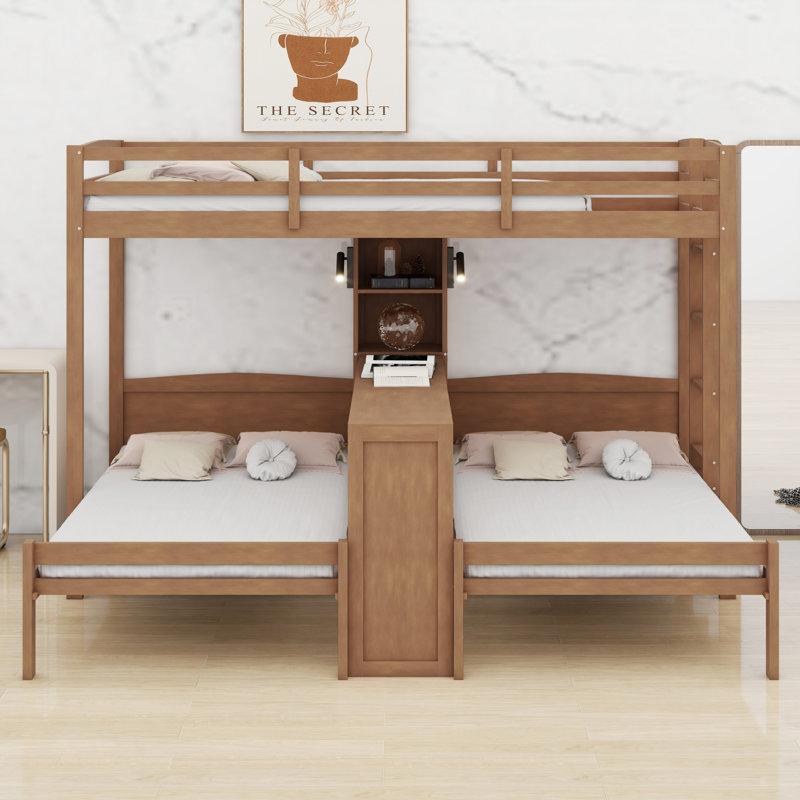 Multi-Functional Wood Bunk Bed with Desk, Storage Shelves, Reading Lamp, Natural