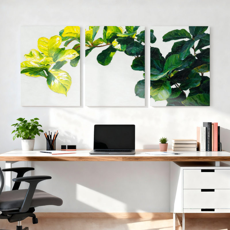 Ensemble de 3 tableaux sur toile à motif de feuilles vertes, idéal pour la décoration du salon et de la chambre.