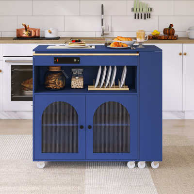 56.3" Rubber Wood Island Countertop Kitchen Cart With Power Outlets And LED Lights
