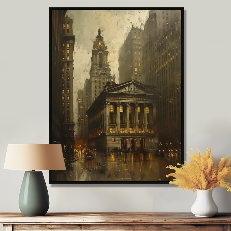 «Yellow Winter Banks Heritage In New York» - décoration murale Banks, Toile avec cadre flottant brun