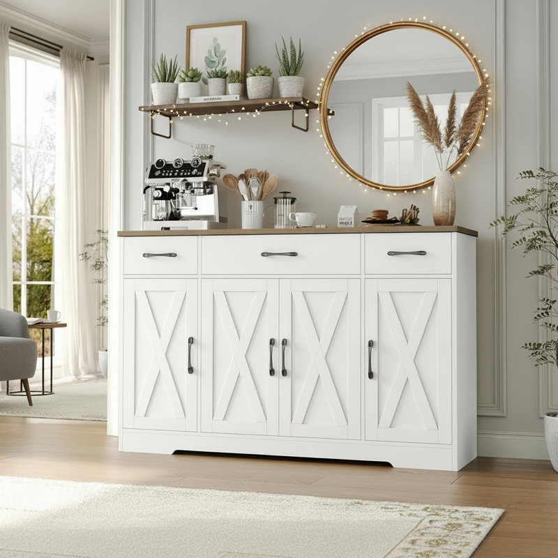 55.13-Inch Modern Farmhouse Style Sideboard With Drawers, Shelves, And Cabinet Doors, White/Country Style, Kitchen, Dining Room, Coffee Bar