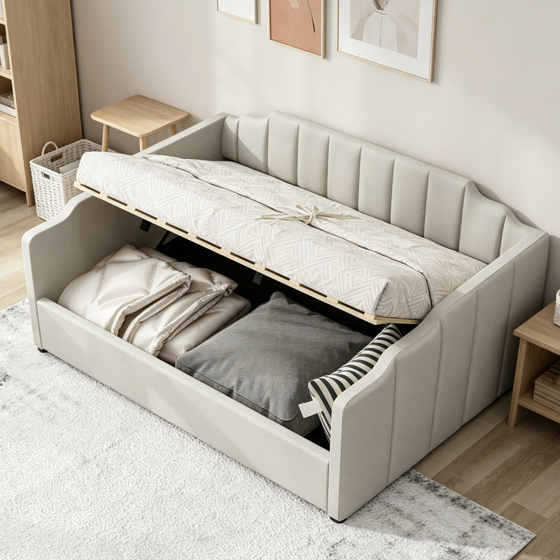 Lit de jour double rembourré beige avec compartiment de rangement sous le lit, Beige